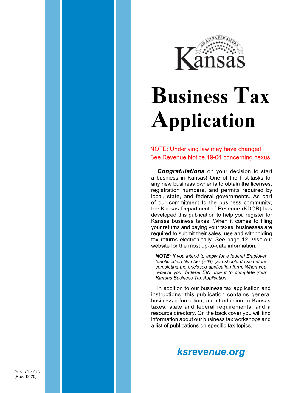 Pub. KS-1216 Business Tax Application and Instructions Rev. 12