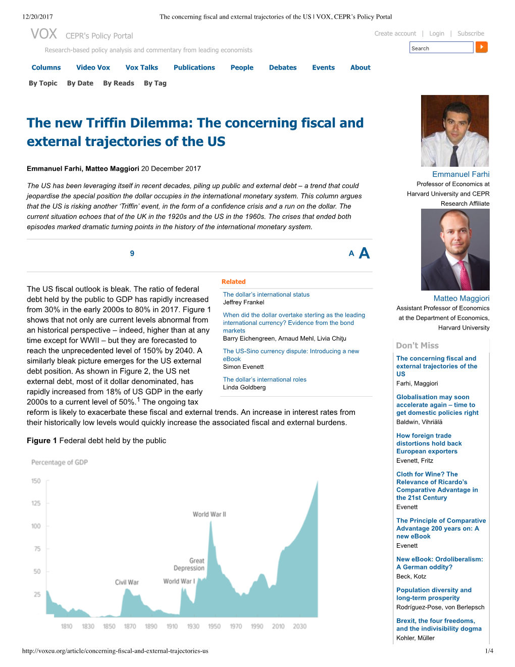 The New Triffin Dilemma: the Concerning Fiscal and External Trajectories of the US