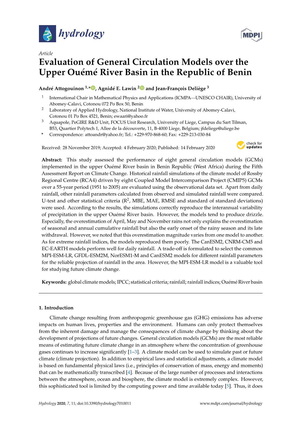 Evaluation of General Circulation Models Over the Upper Ouémé River Basin in the Republic of Benin
