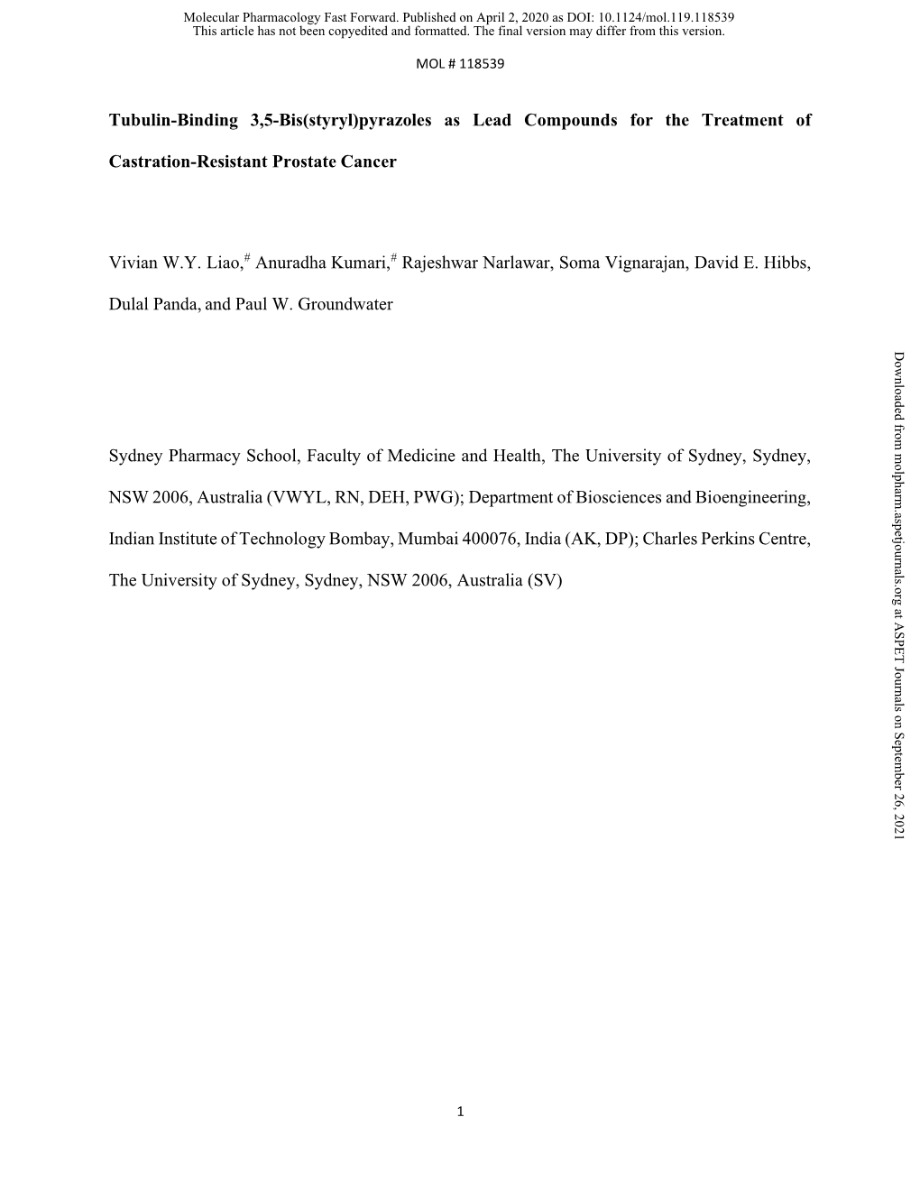 Tubulin-Binding 3,5-Bis(Styryl)Pyrazoles As Lead Compounds for the Treatment Of