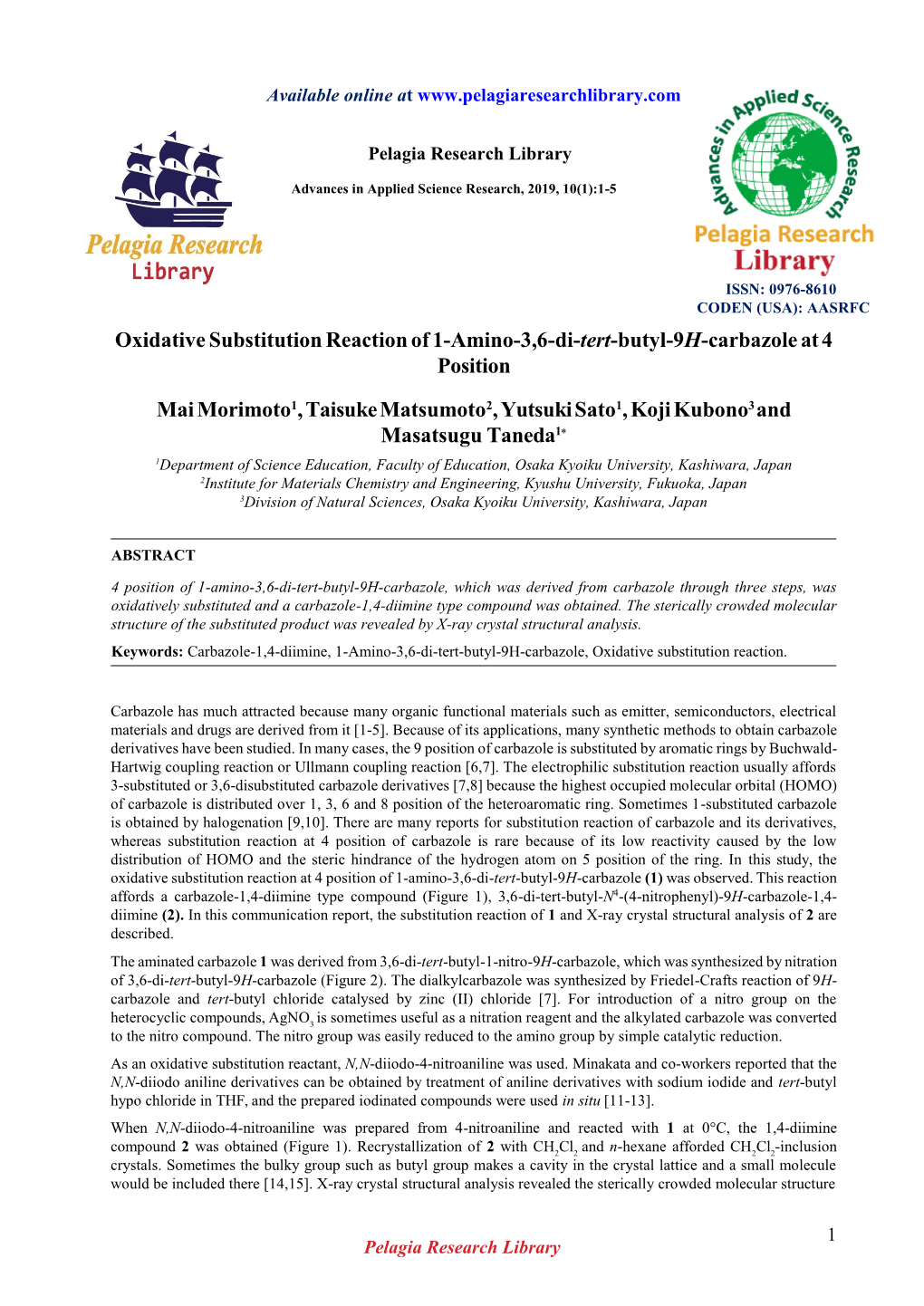 Oxidative Substitution Reaction of 1-Amino-3,6-Di-Tert-Butyl-9H-Carbazole at 4 Position