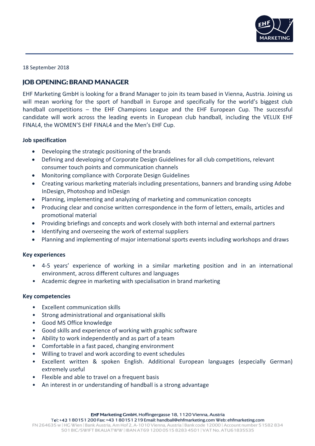 EHF Marketing Gmbh Is Looking for a Brand Manager to Join Its Team Based in Vienna, Austria