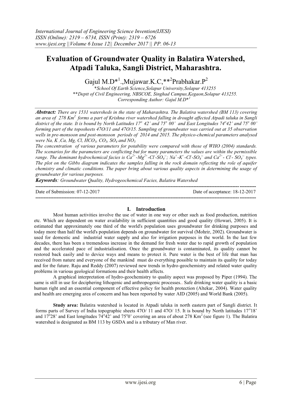 Evaluation of Groundwater Quality in Balatira Watershed, Atpadi Taluka, Sangli District, Maharashtra