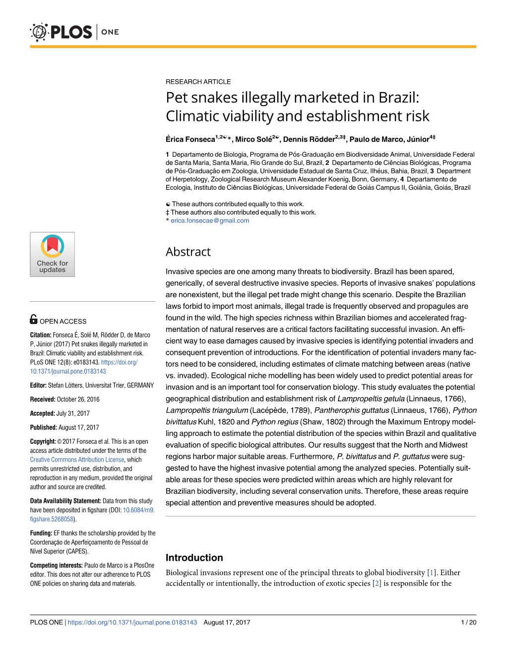 Pet Snakes Illegally Marketed in Brazil: Climatic Viability and Establishment Risk