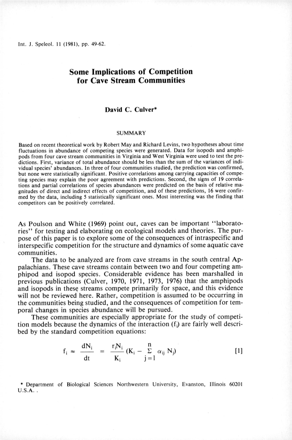 Some Implications of Competition for Cave Stream Communities