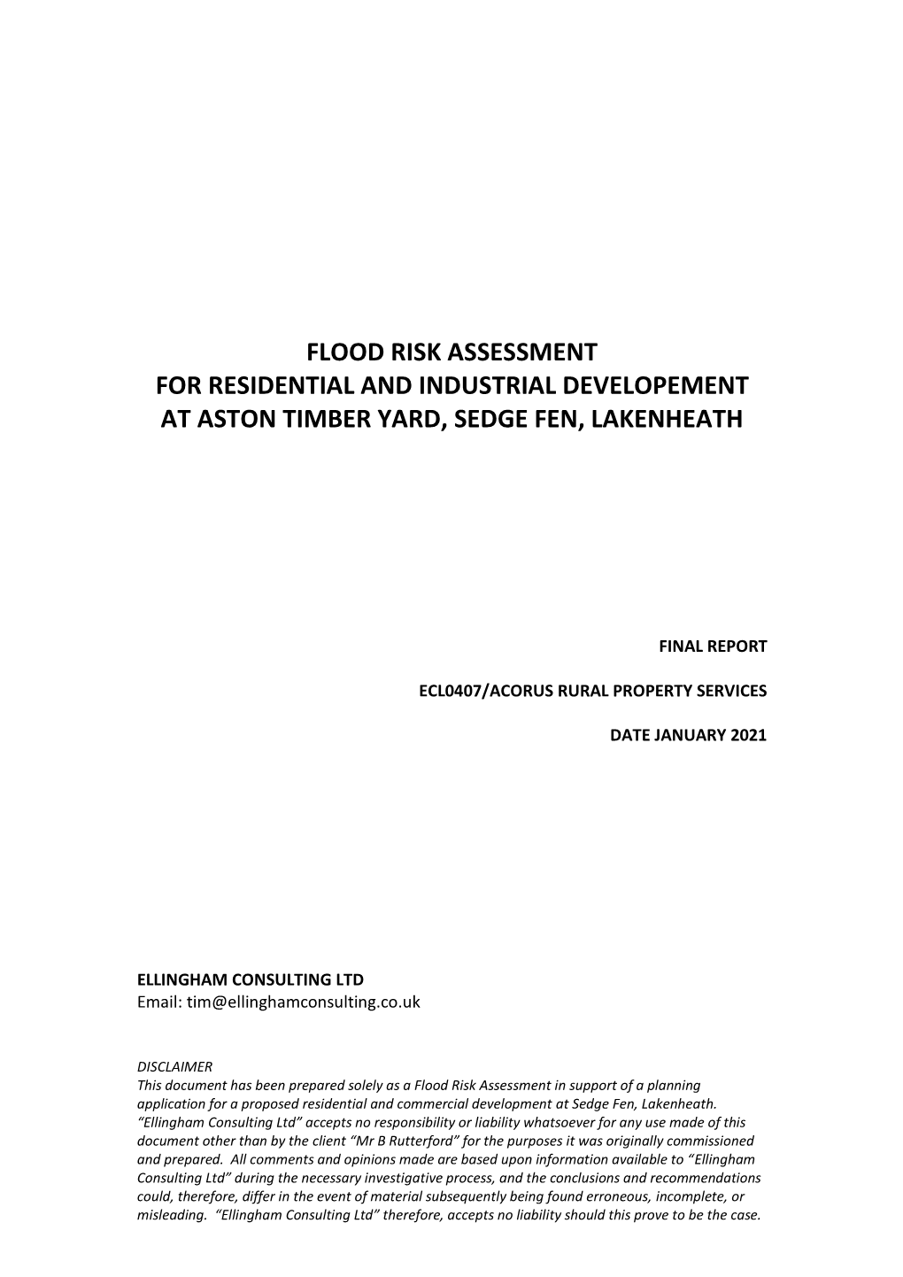 Flood Risk Assessment for Residential and Industrial Developement at Aston Timber Yard, Sedge Fen, Lakenheath