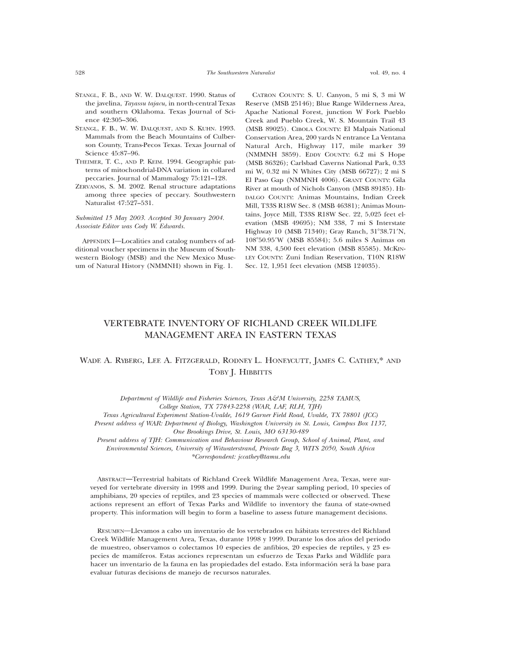 Vertebrate Inventory of Richland Creek Wildlife Management Area in Eastern Texas