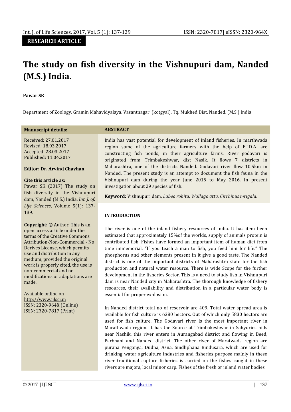 The Study on Fish Diversity in the Vishnupuri Dam, Nanded (M.S.) India