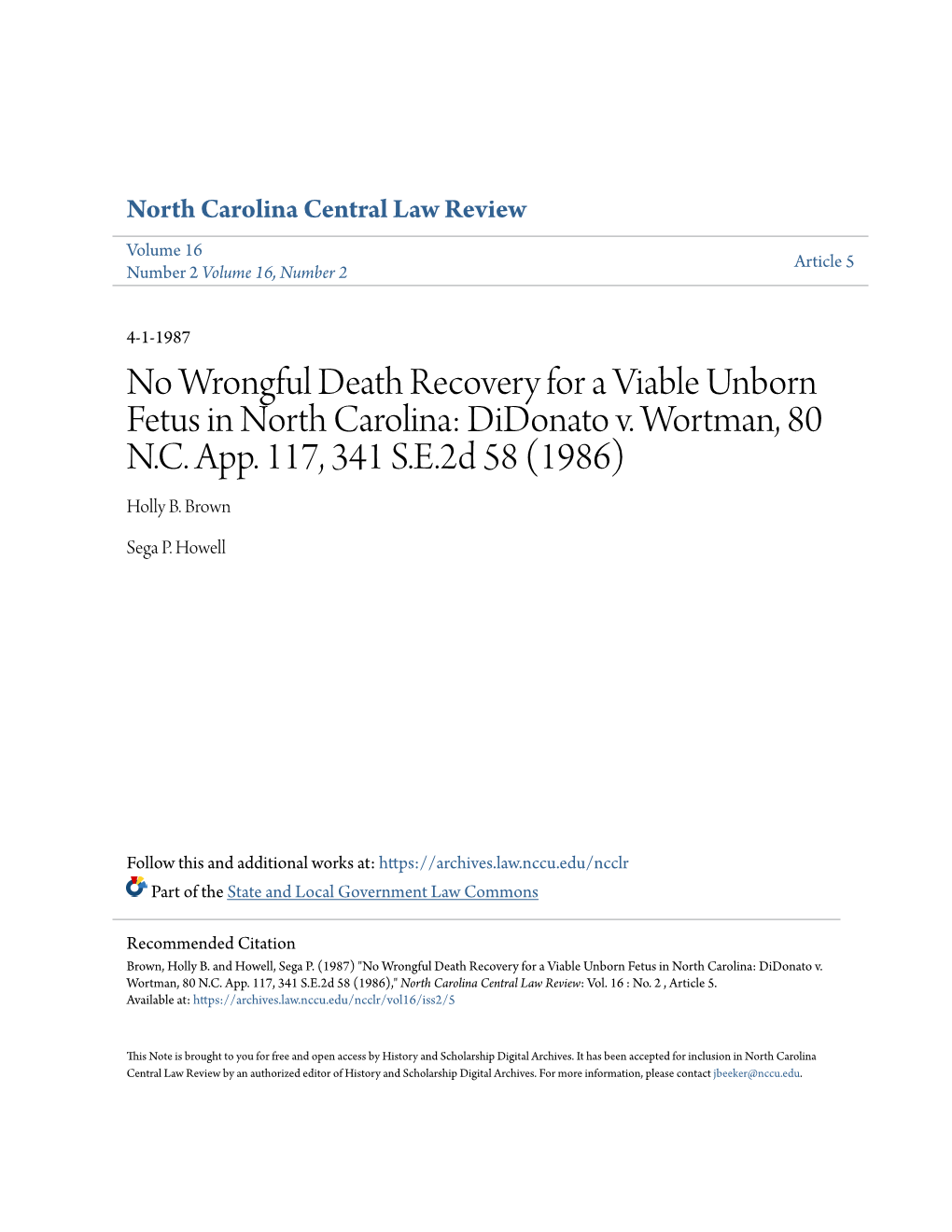 No Wrongful Death Recovery for a Viable Unborn Fetus in North Carolina: Didonato V