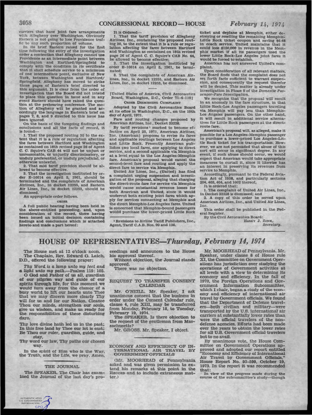 HOUSE of REPRESENTATIVES-Thursday, Februa1·Y 14, 1974 the House Met at 12 O'clock Noon