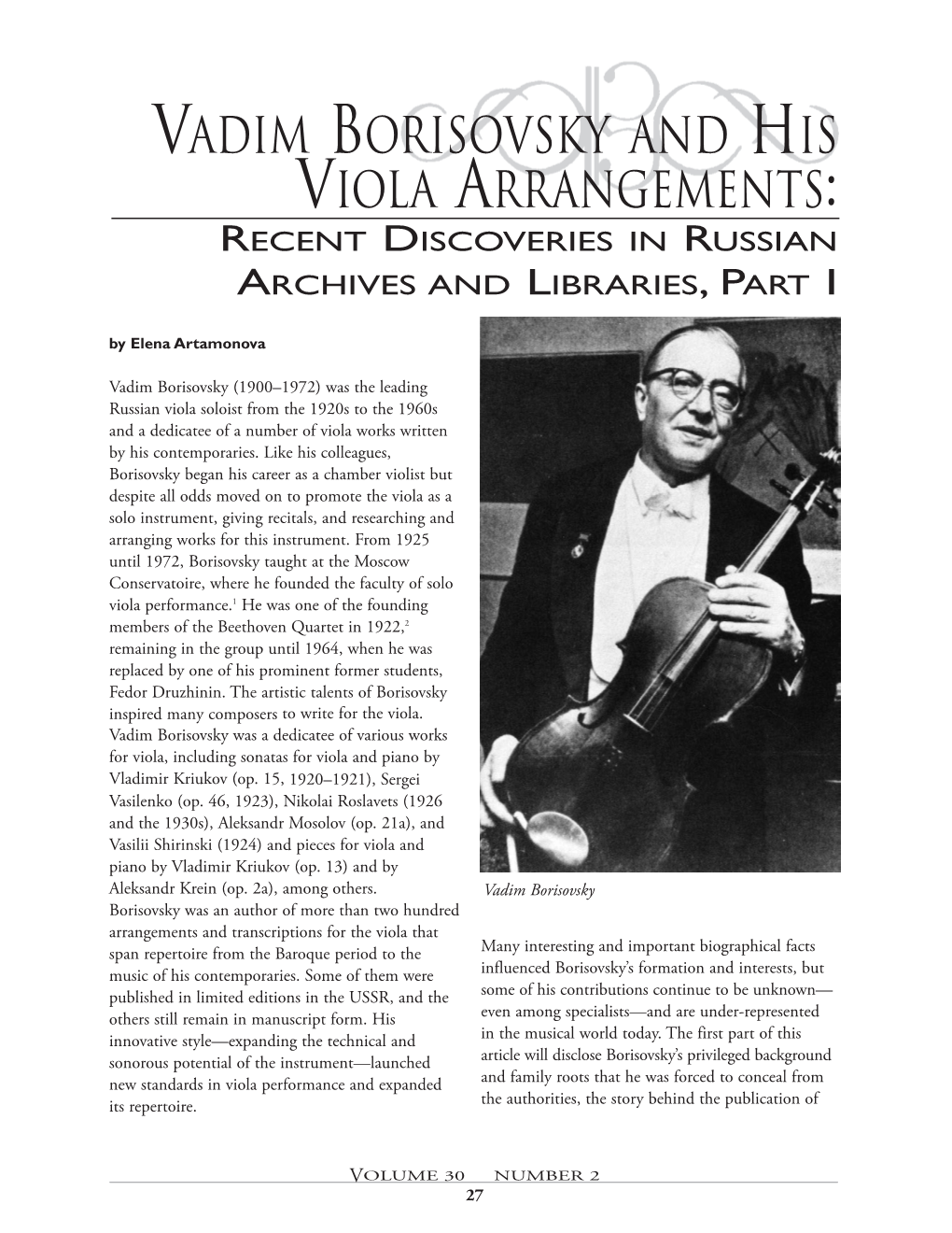 Vadim Borisovsky and His Viola Arrangements: Recent Discoveries in Russian Archives and Libraries, Part I