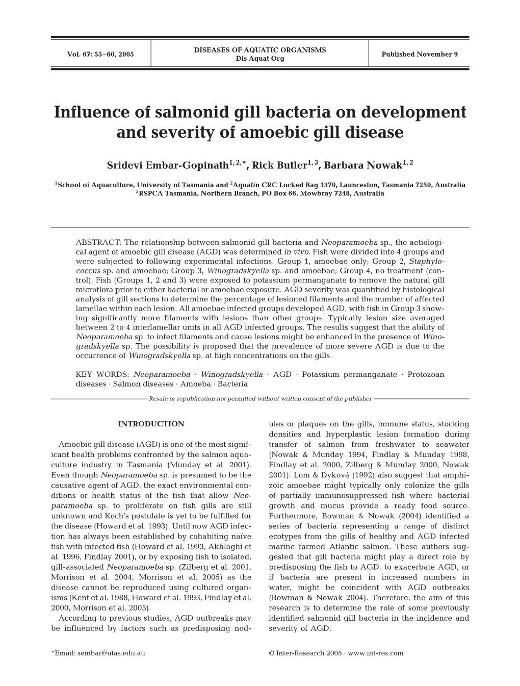 Influence of Salmonid Gill Bacteria on Development and Severity of Amoebic Gill Disease