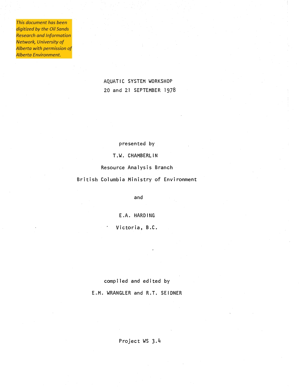 AQUATIC SYSTEM WORKSHOP 20 and 21 SEPTEMBER 1978