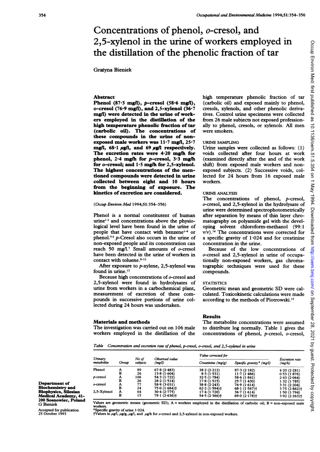 Concentrations of Phenol, O-Cresol, and 2,5-Xylenol in the Urine of Workers Employed in Occup Environ Med: First Published As 10.1136/Oem.51.5.354 on 1 May 1994