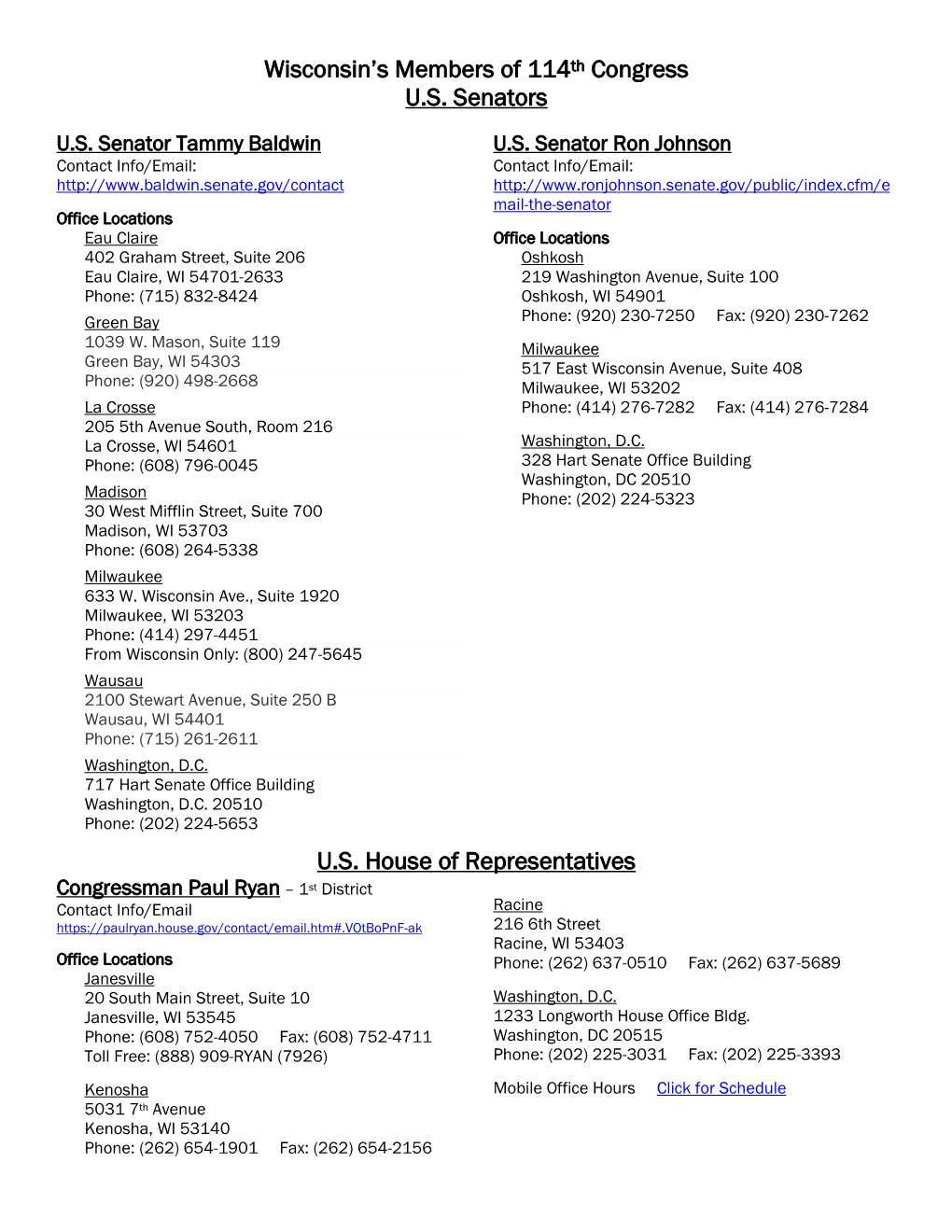 Wisconsin's Members of 114Th Congress U.S. Senators U.S