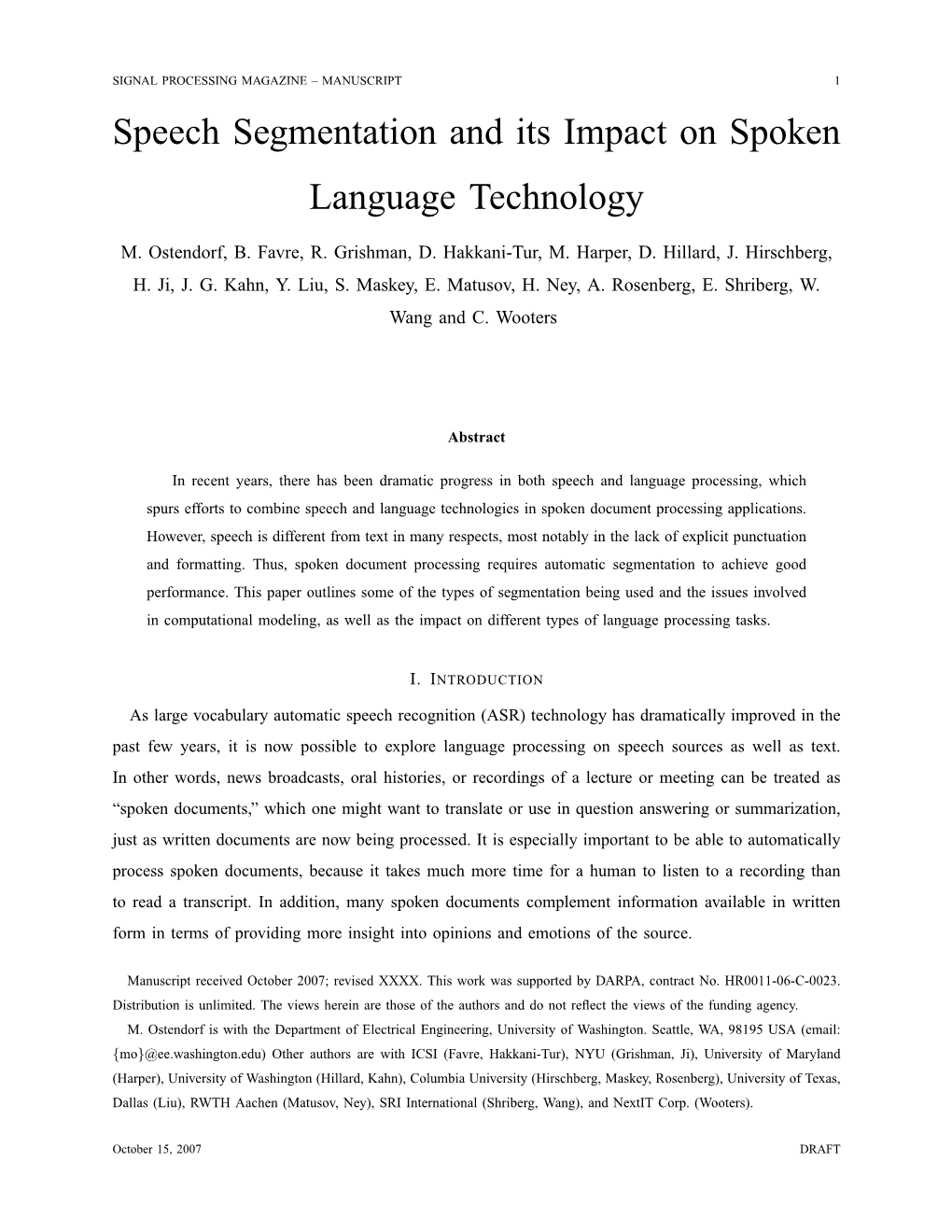 Speech Segmentation and Spoken Document Processing