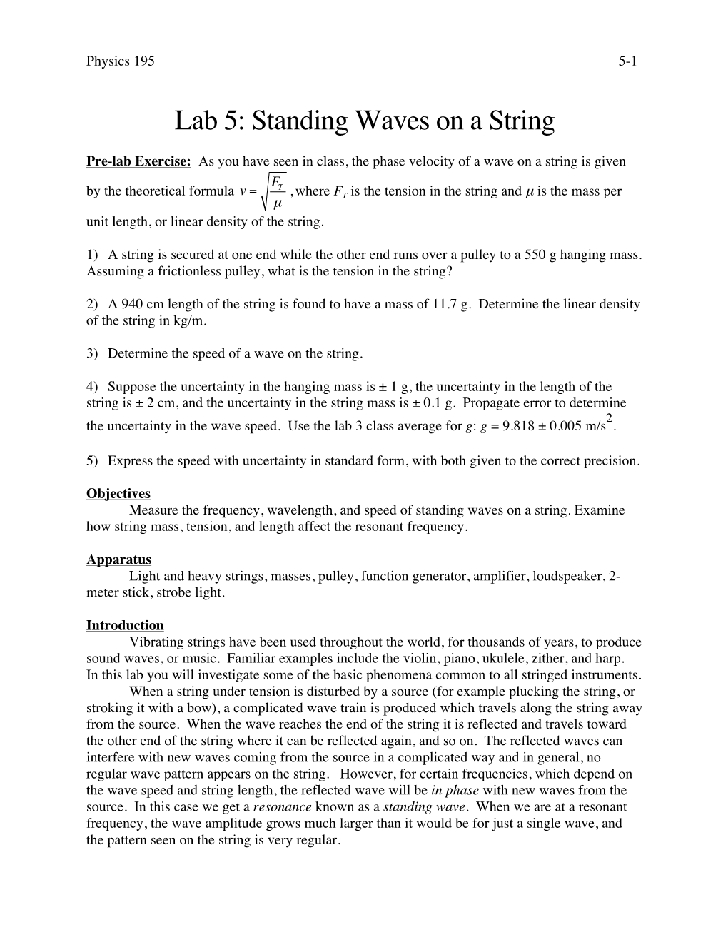 Lab 5: Standing Waves on a String