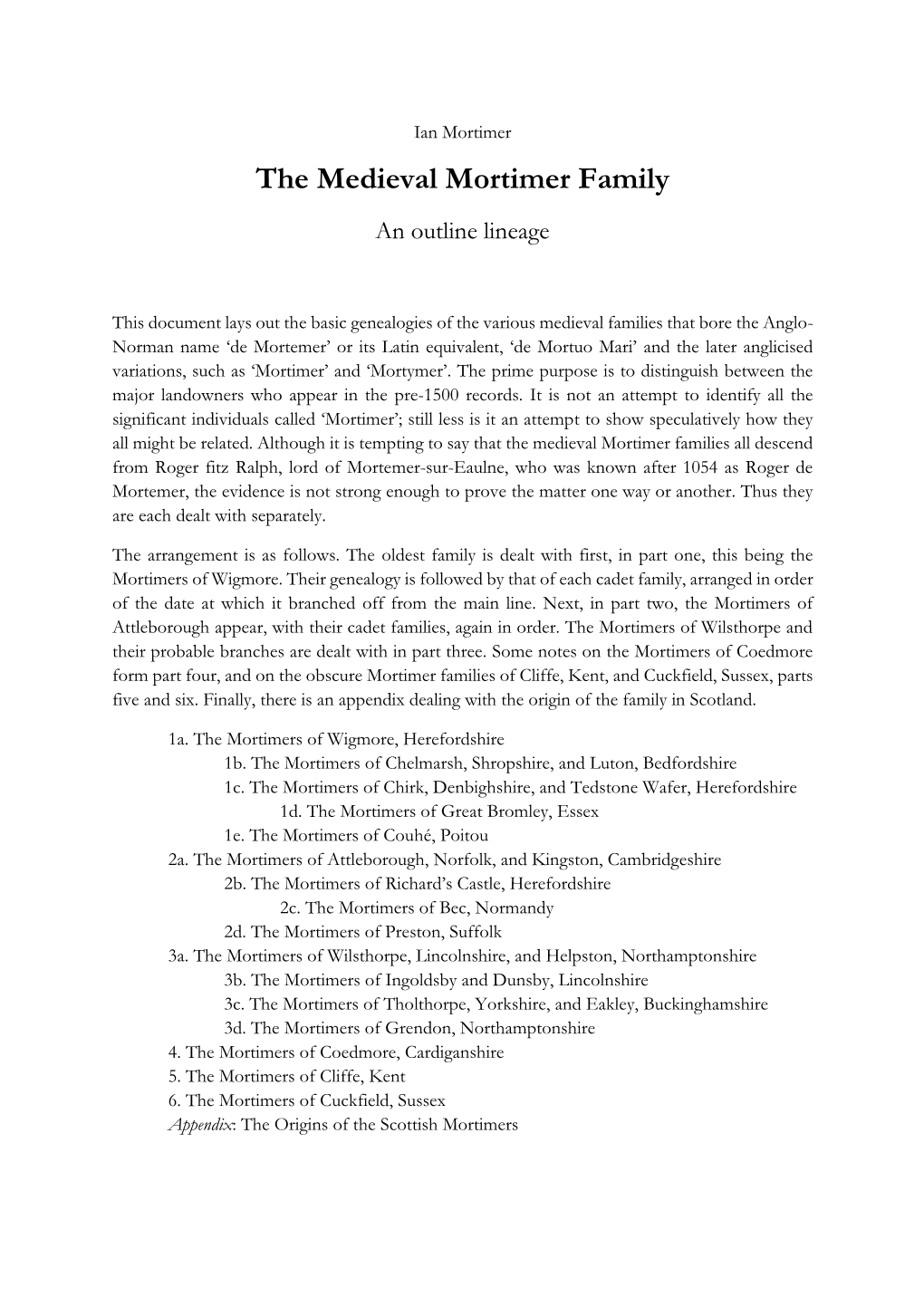 The Medieval Mortimer Family an Outline Lineage