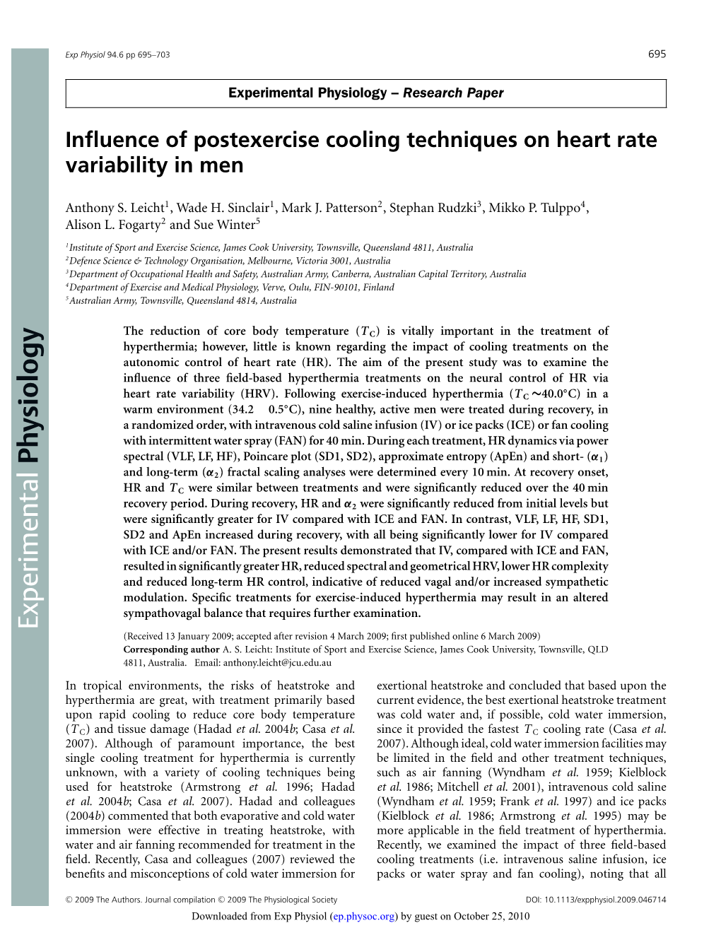 Influence of Postexercise Cooling Techniques on Heart Rate Variability