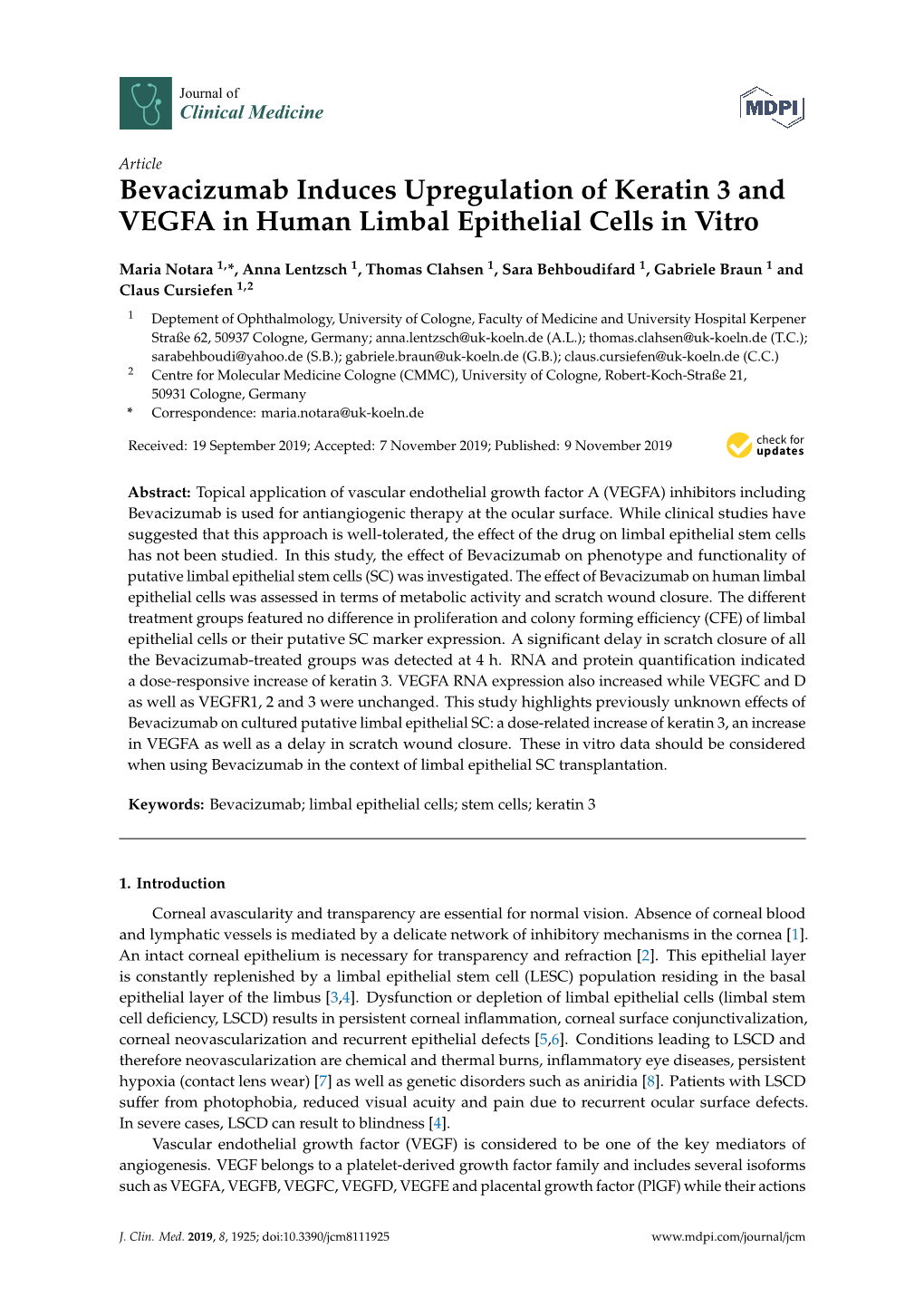 Bevacizumab Induces Upregulation of Keratin 3 and VEGFA in Human Limbal Epithelial Cells in Vitro