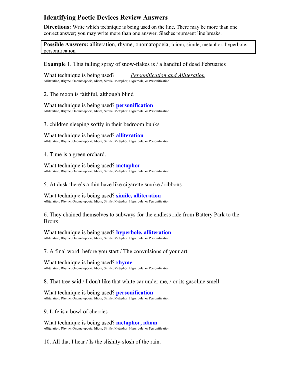 Identifying Poetic Devices Review Answers