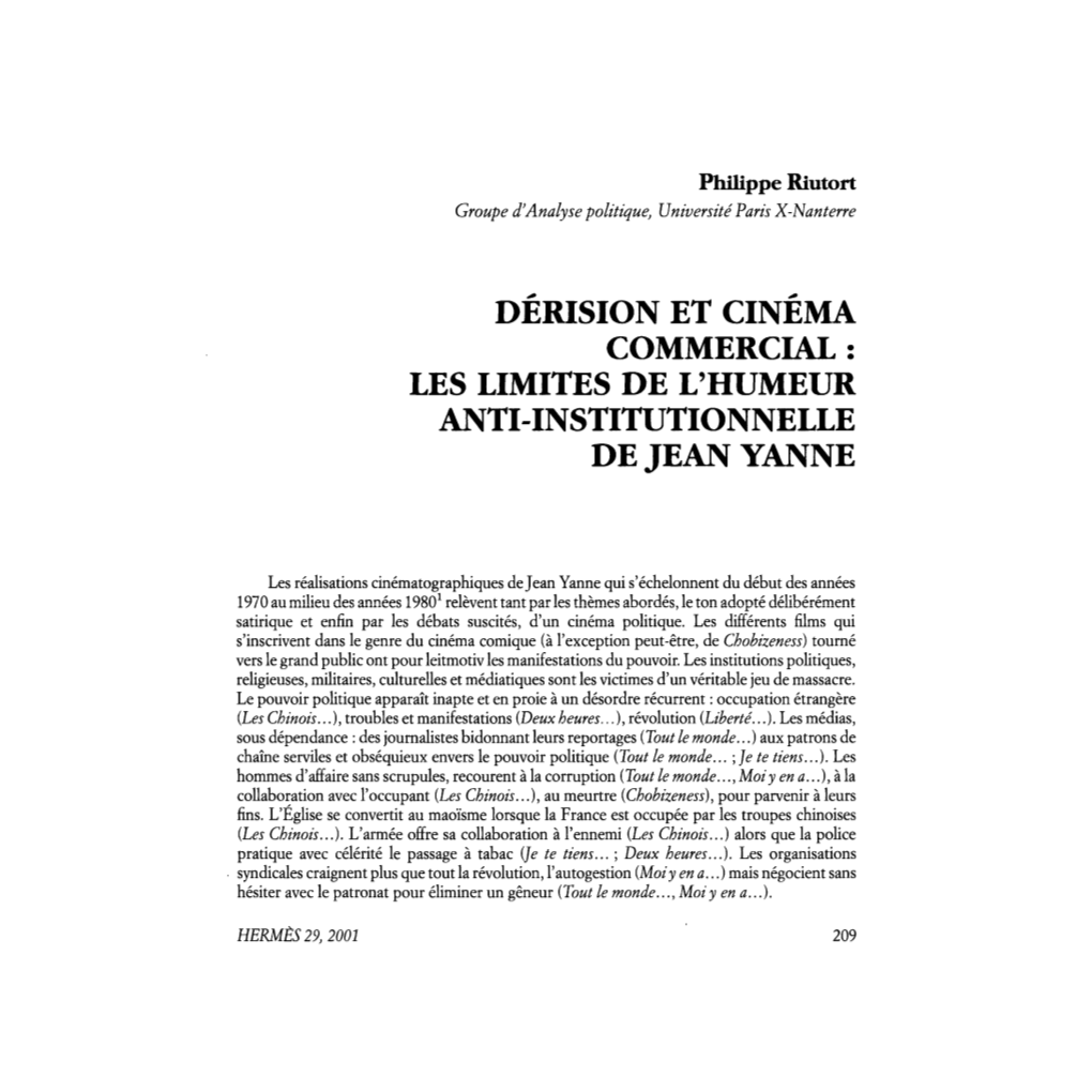 Dérision Et Cinéma Commercial : Les Limites De L'humeur Anti-Institutionnelle De Jean Yanne