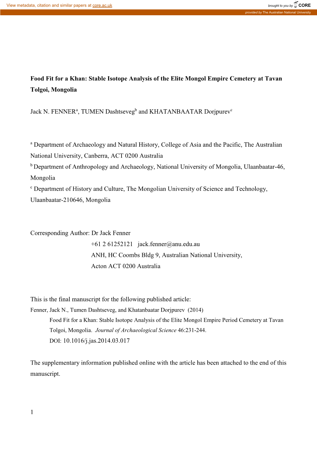 1 Food Fit for a Khan: Stable Isotope Analysis of the Elite Mongol Empire