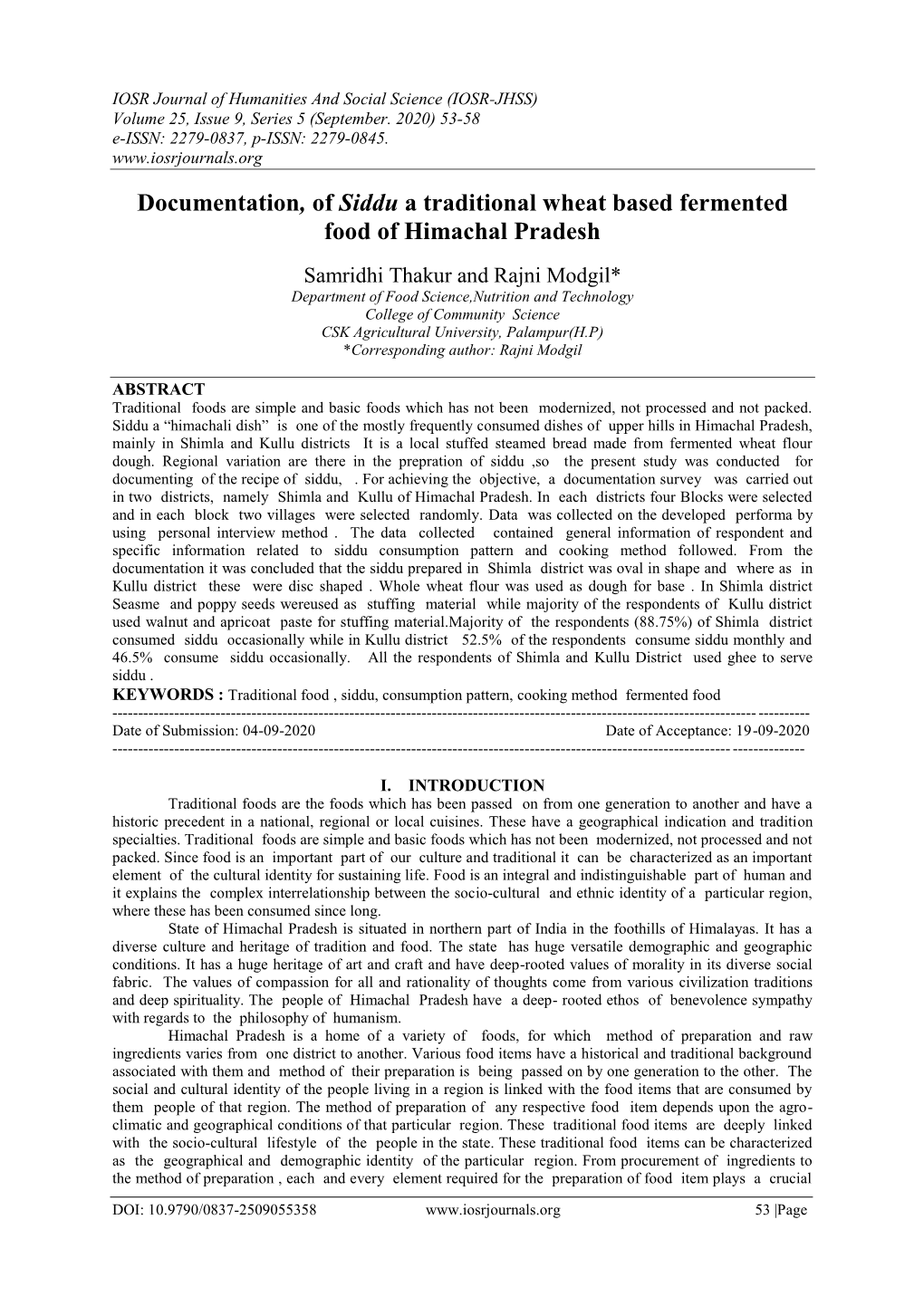 Documentation, of Siddu a Traditional Wheat Based Fermented Food of Himachal Pradesh