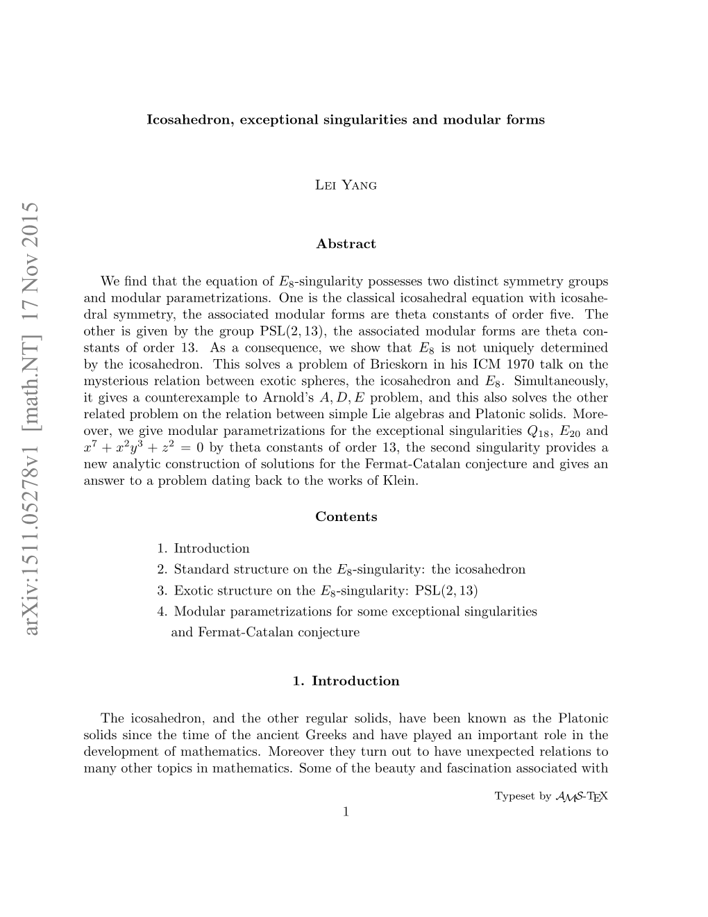 Icosahedron, Exceptional Singularities and Modular Forms