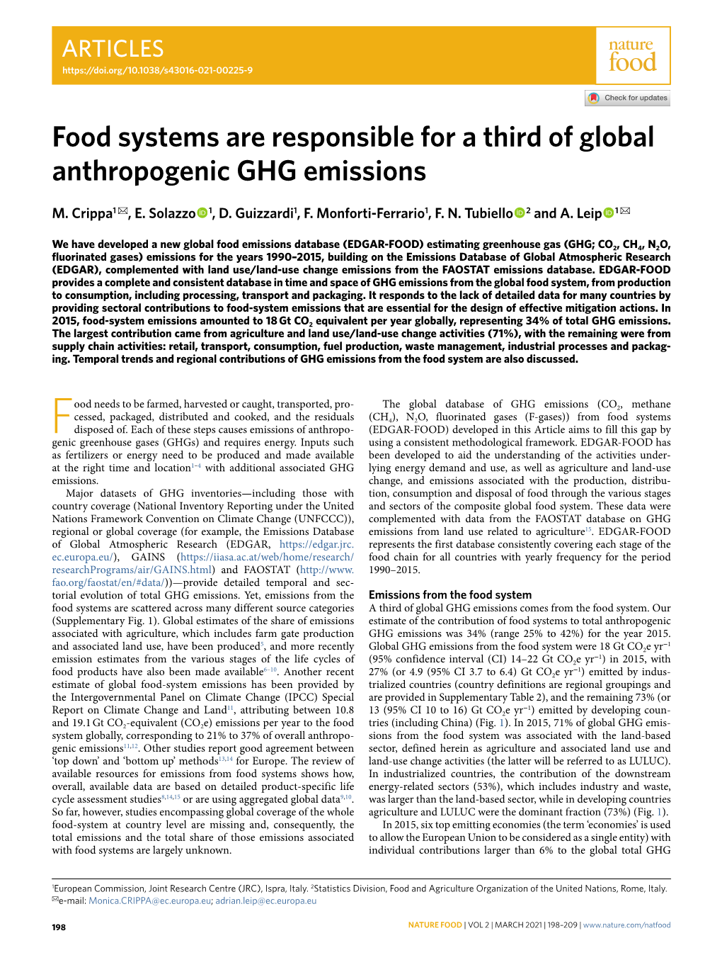 Food Systems Are Responsible for a Third of Global Anthropogenic GHG Emissions
