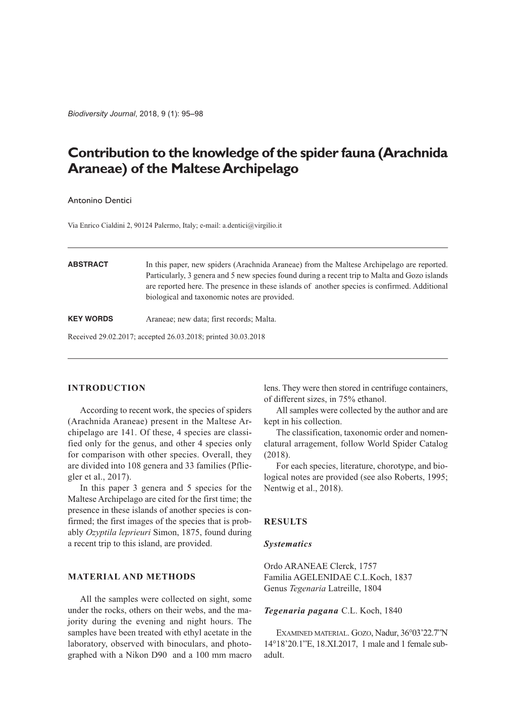 (Arachnida Araneae) of the Maltese Archipelago