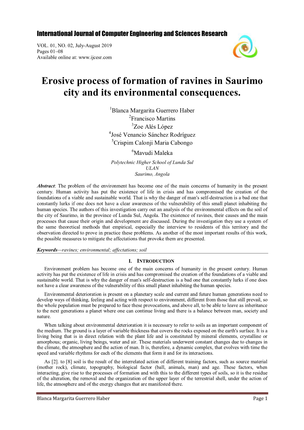 Erosive Process of Formation of Ravines in Saurimo City and Its Environmental Consequences