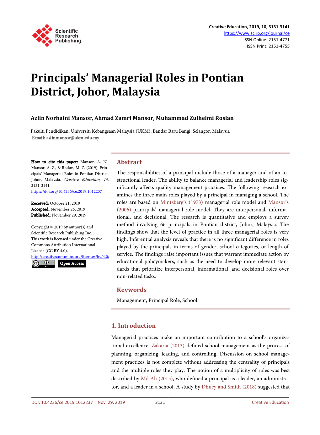 Principals' Managerial Roles in Pontian District, Johor, Malaysia