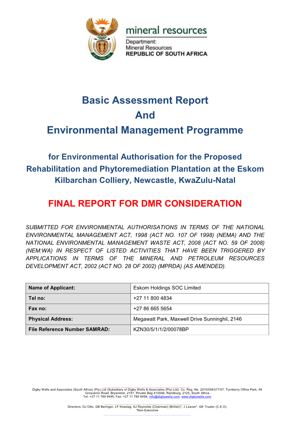 Basic Assessment Report and Environmental Management Programme