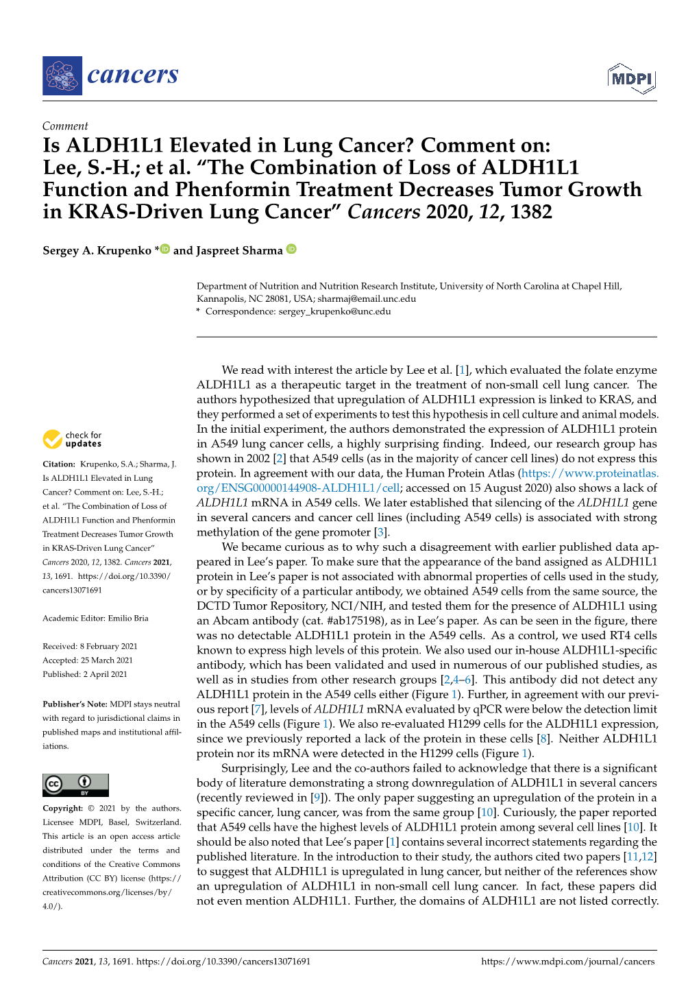 Is ALDH1L1 Elevated in Lung Cancer? Comment On: Lee, S.-H.; Et Al