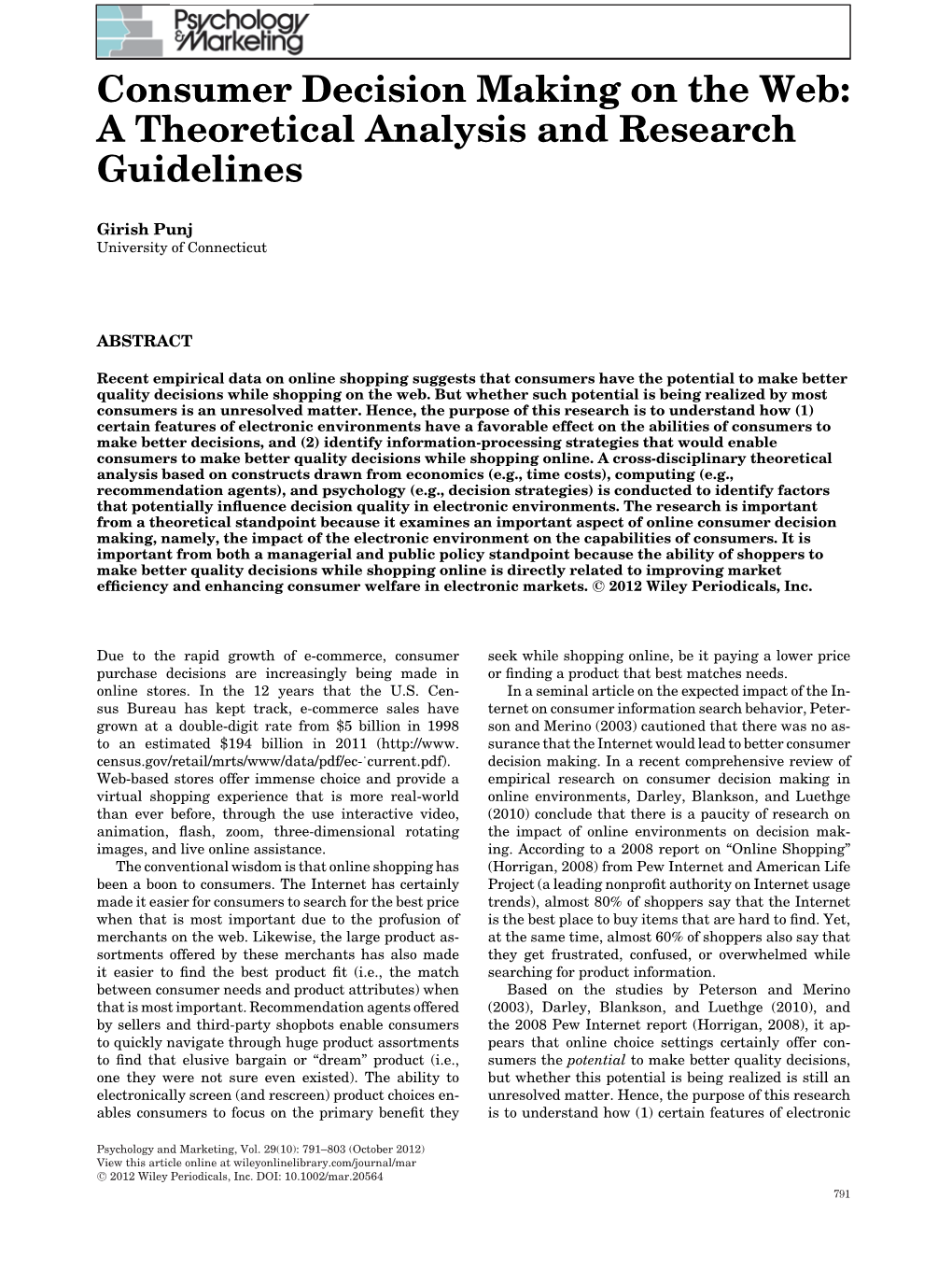 Consumer Decision Making on the Web: a Theoretical Analysis and Research Guidelines