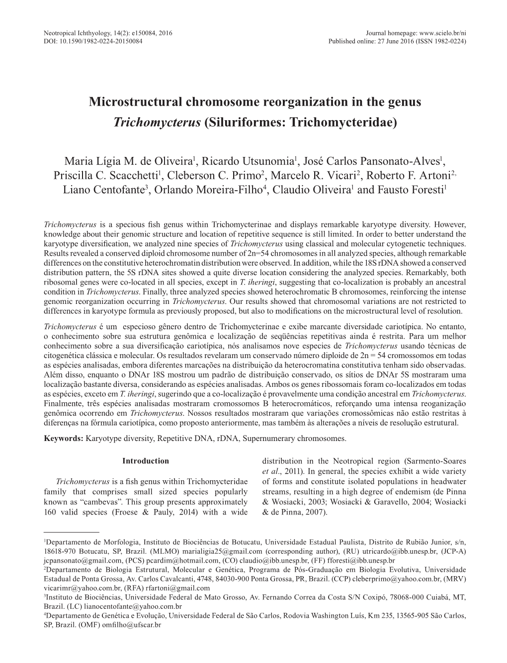Microstructural Chromosome Reorganization in the Genus Trichomycterus (Siluriformes: Trichomycteridae)