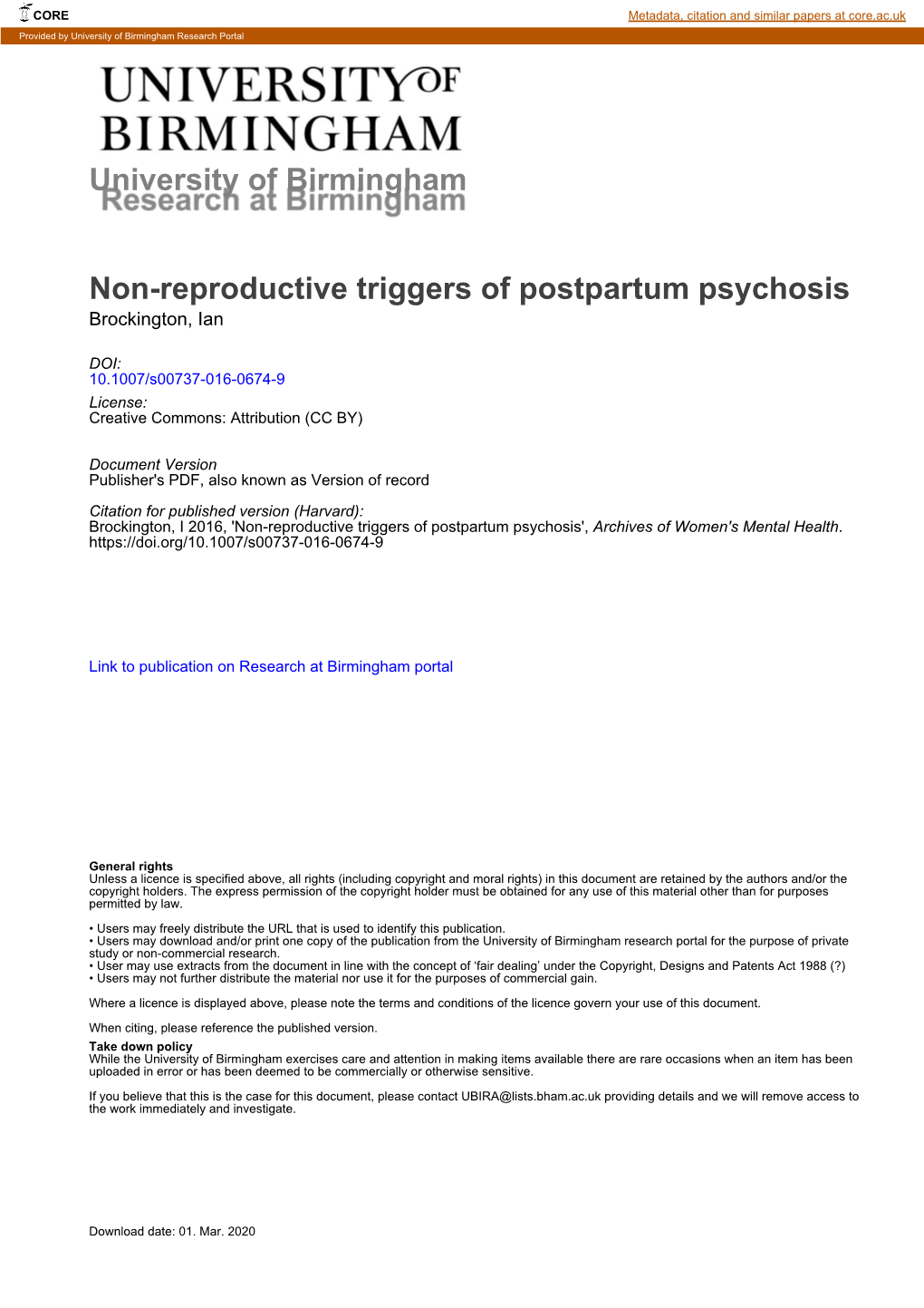 Non-Reproductive Triggers of Postpartum Psychosis Brockington, Ian