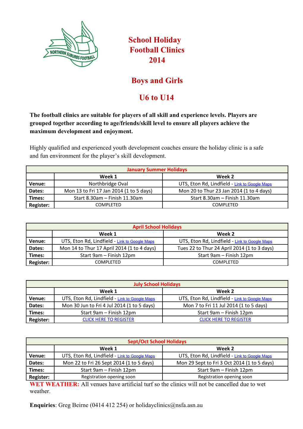 Northern Tigers & NSFA School Holiday Clinic V 2 - April 2013