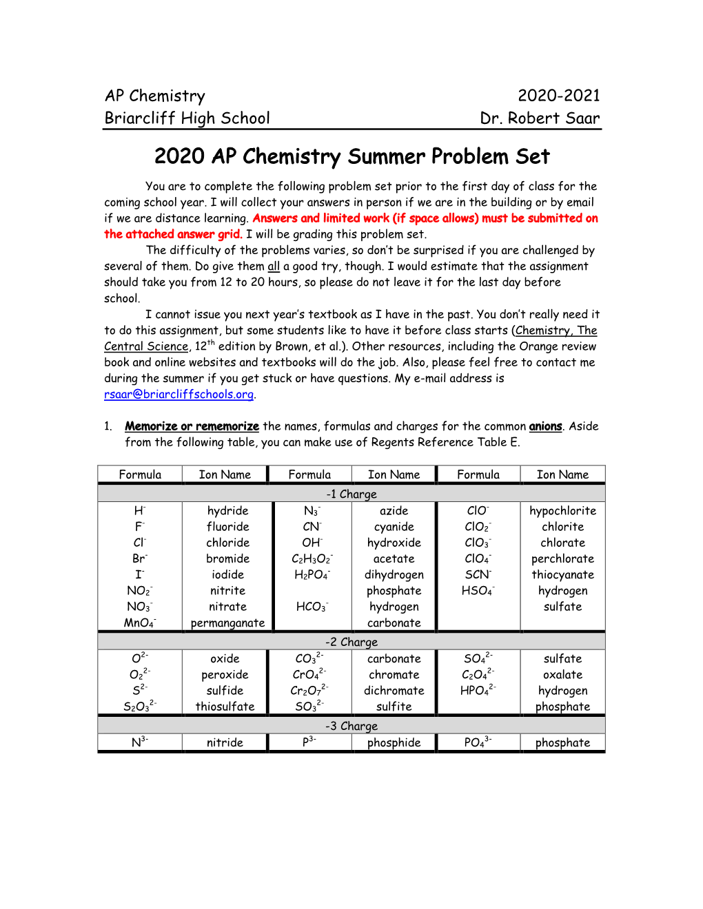 2020 AP Chemistry Summer Problem Set