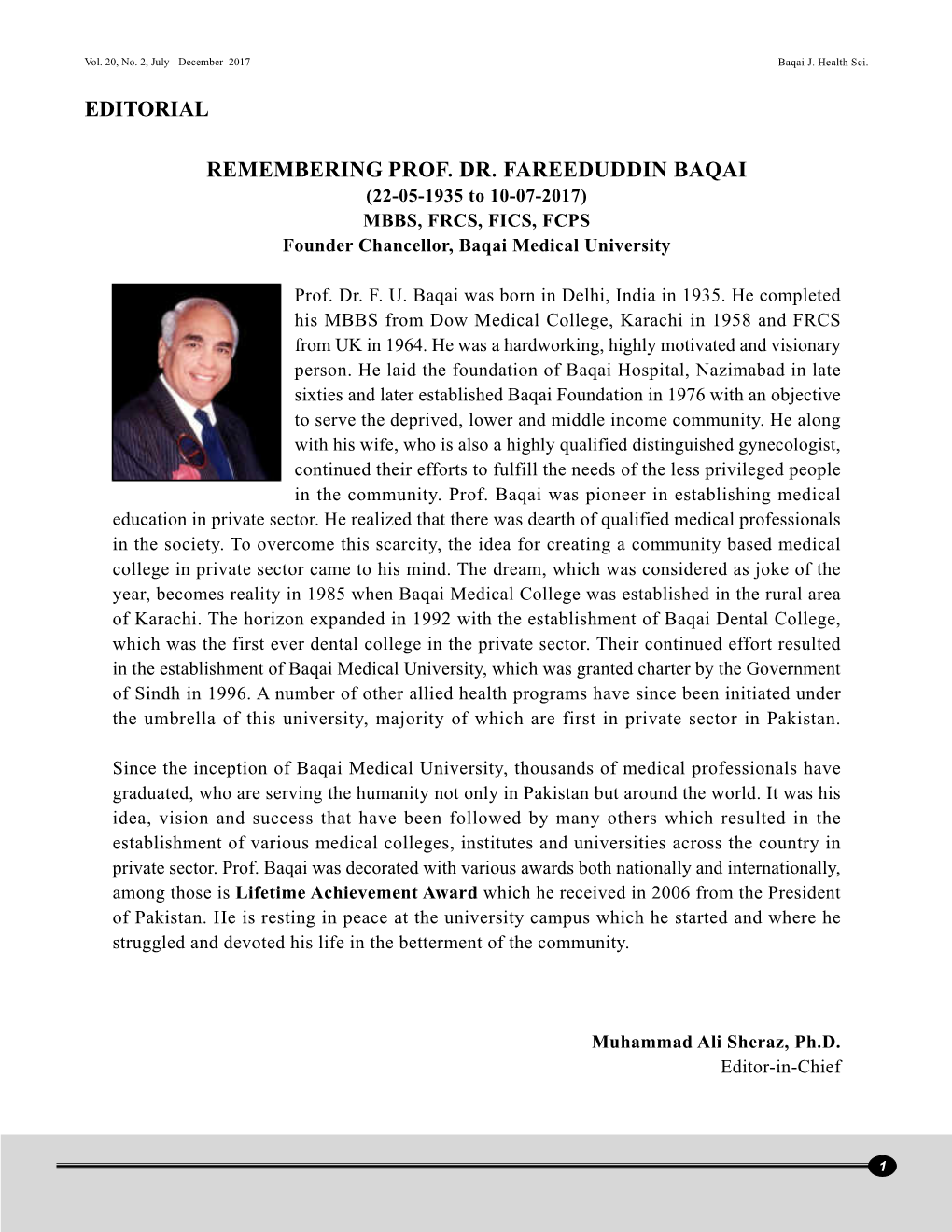 Editorial Remembering Prof. Dr. Fareeduddin Baqai