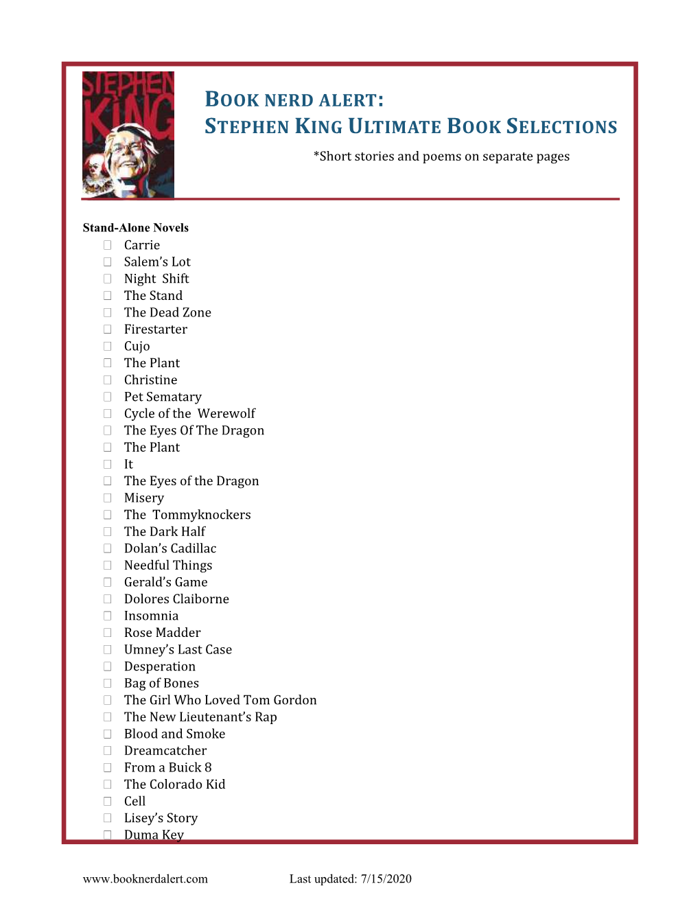 STEPHEN KING ULTIMATE BOOK SELECTIONS *Short Stories and Poems on Separate Pages