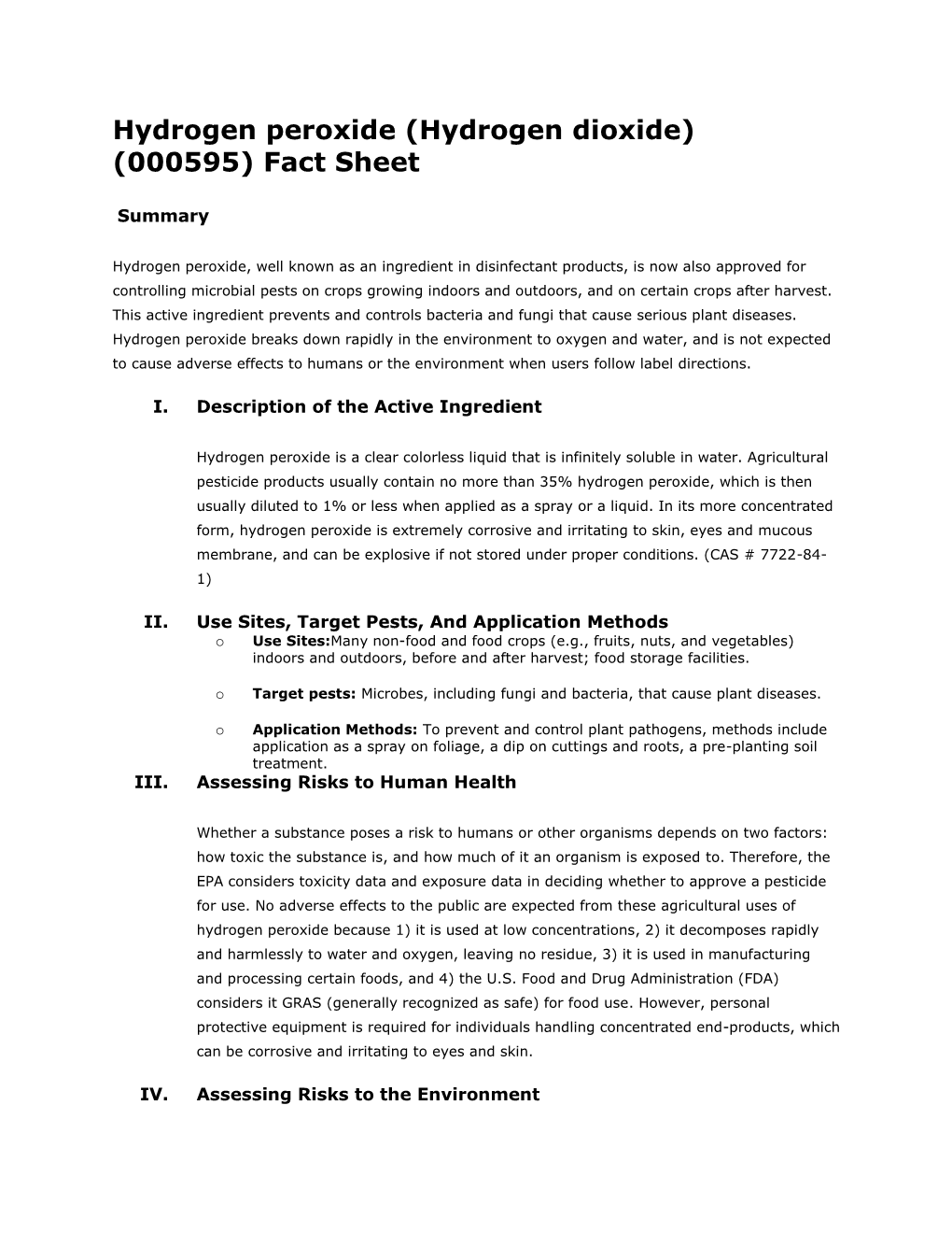 Hydrogen Peroxide (Hydrogen Dioxide) (000595) Fact Sheet