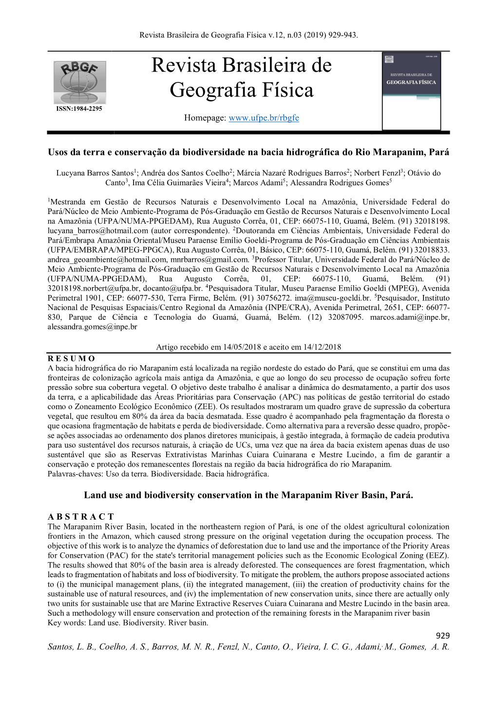 Revista Brasileira De Geografia Física V.12, N.03 (2019) 929-943