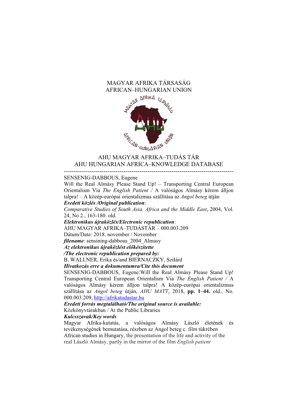 Magyar Afrika Társaság African–Hungarian Union