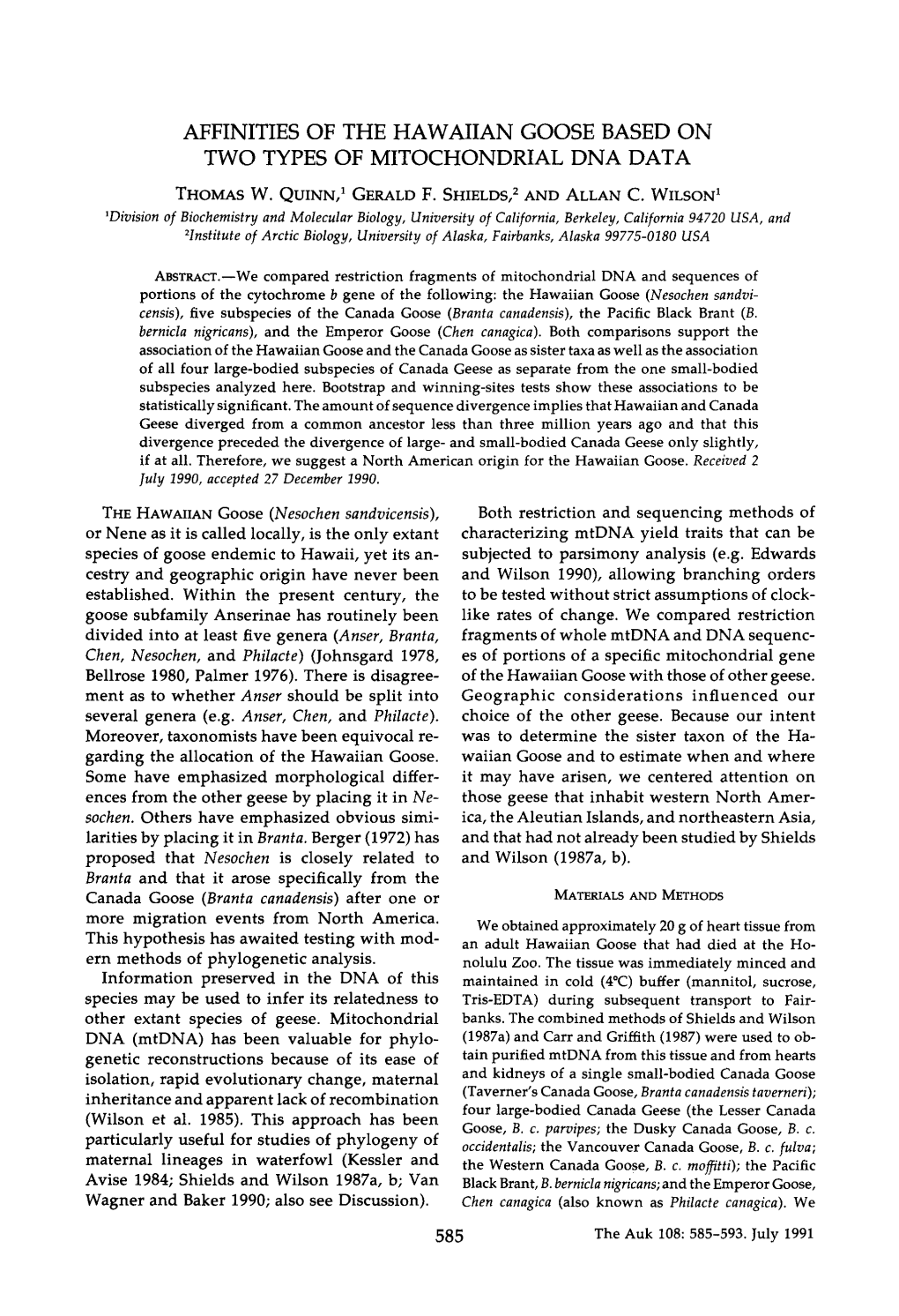 Affinities of the Hawaiian Goose Based on Two Types of Mitochondrial Dna Data