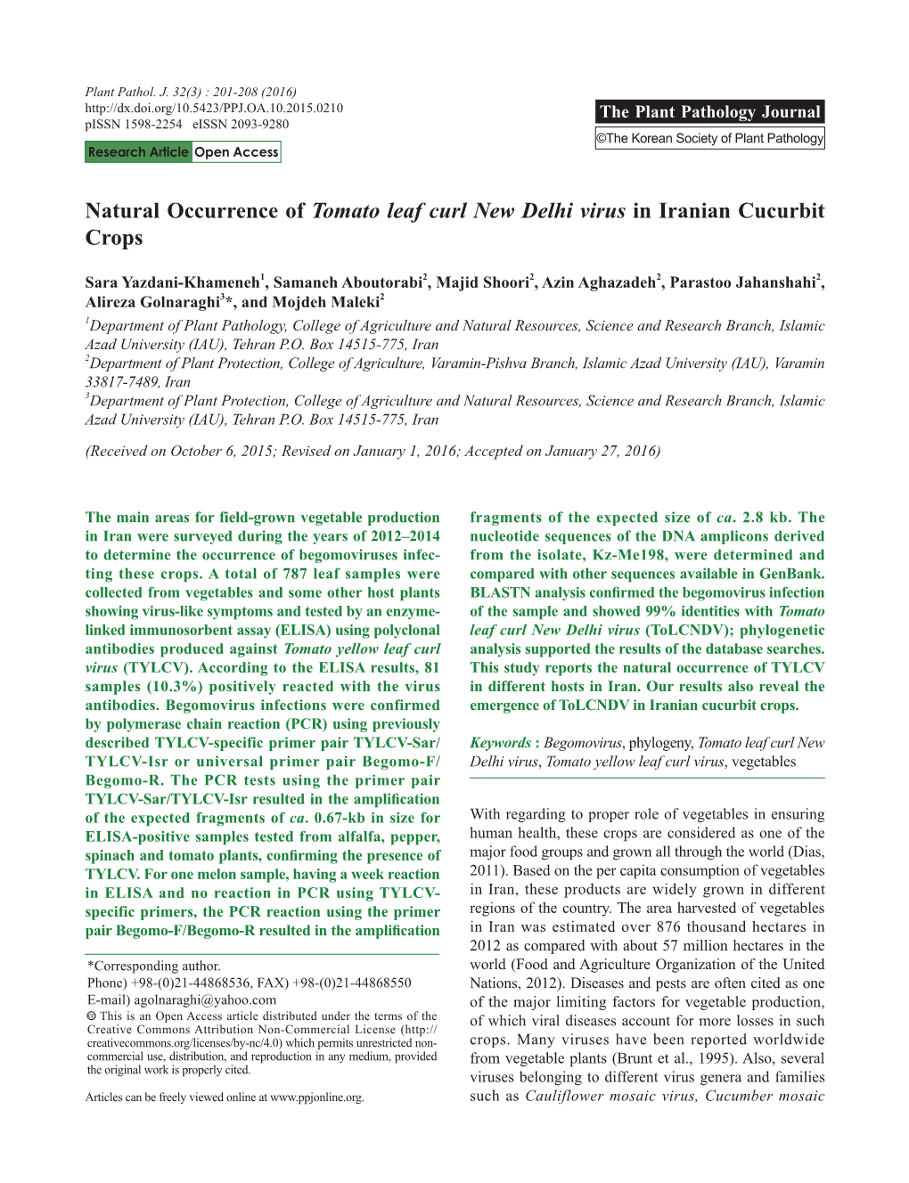 Natural Occurrence of Tomato Leaf Curl New Delhi Virus in Iranian Cucurbit Crops