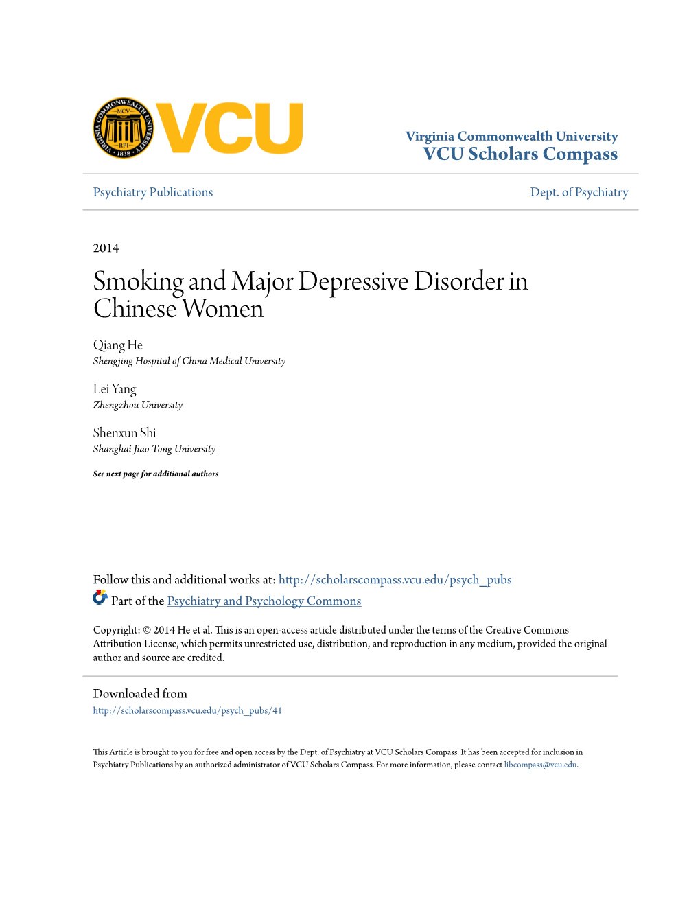 Smoking and Major Depressive Disorder in Chinese Women Qiang He Shengjing Hospital of China Medical University