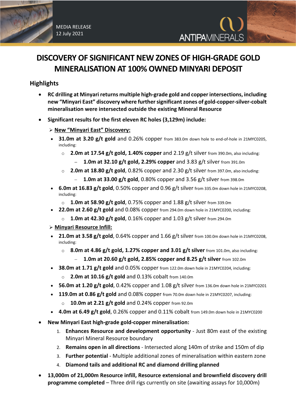 Discovery of Significant New Zones of High-Grade Gold Mineralisation at 100% Owned Minyari Deposit