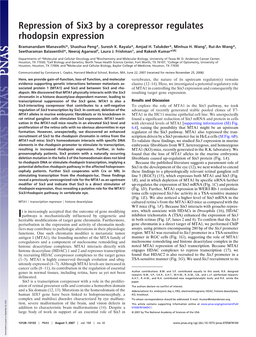 Repression of Six3 by a Corepressor Regulates Rhodopsin Expression